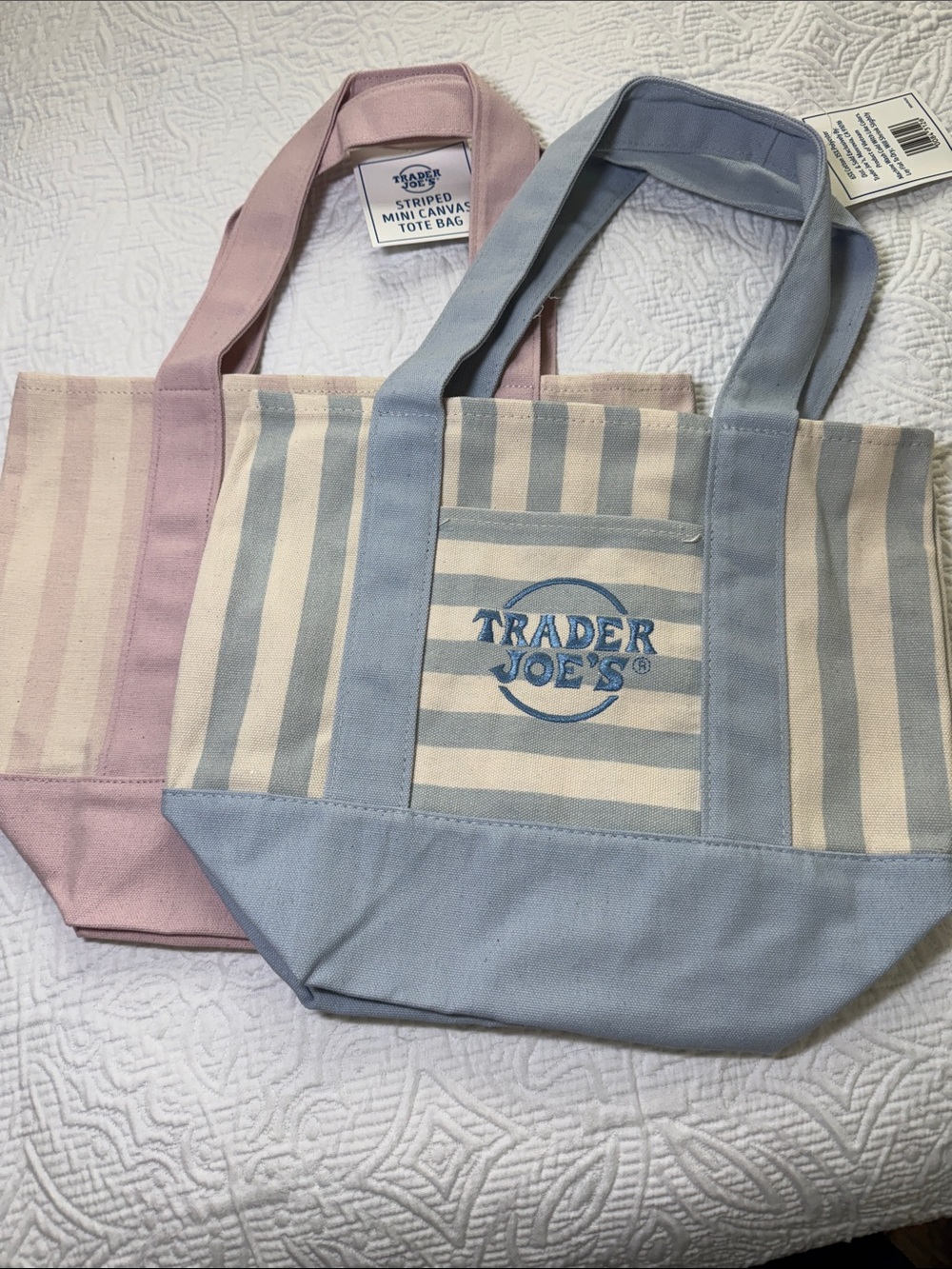 Trader Joe's NEW MINIs Pink and BLue Stripe and Blue Strip Canvas Tote Bags - Picture 2 of 6